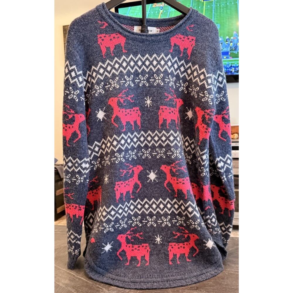 Shineflow Women’s Christmas Sweater XL Heather Navy Hot Pink Reindeer Fair Isle